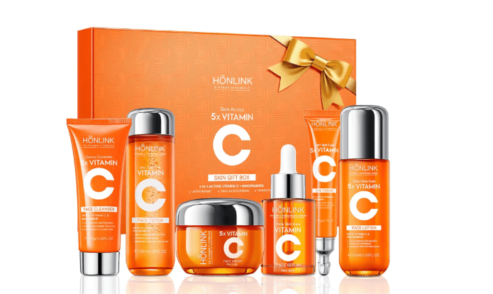6-Piece Hydrating Skincare Set with Vitamin C & Niacinamide, Face Care Kit Includes Toner, Serum, Cleanser, Moisturizer, Eye Cream & Body Lotion for Daily Skin Care & Self Care