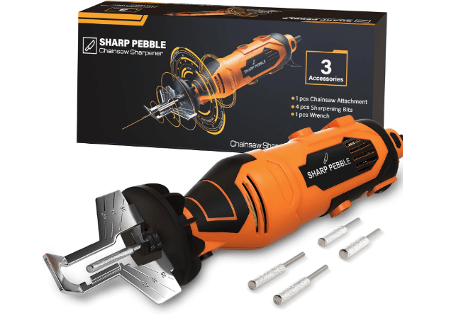 Sharp Pebble Electric Chainsaw Sharpener Kit - Comes with Chain Saw Sharpener Tool, 4 File Size Sharpening Wheel Bits, Angle Attachment, Wrench & eBook