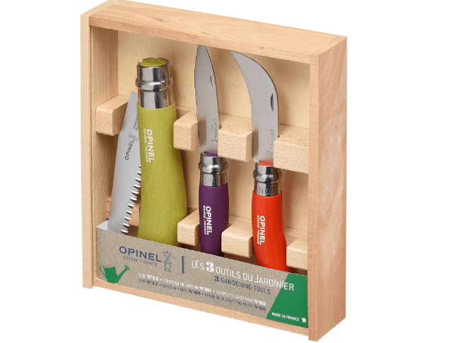 Opinel 3 Piece Gardening Tool Set - No. 12 Folding Saw, No. 8 Pruning Knife, No. 8 Garden Knife - Vibrant Painted Handles, Stainless Steel and Carbon Steel Blades - Made in France