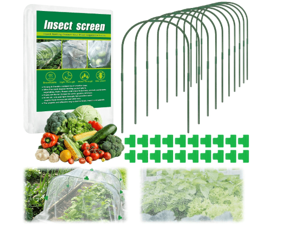 10 X 50 FT Garden Mesh Netting Kit Pest Barrier for Raised Beds, Fruit Tree Netting with 10 Sets Garden Hoops & 20 Clips for Cicadas Bird Insect, Blueberry Bush Netting Cover for Garden Protection
