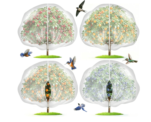 4-Pack 12x10FT Fruit Tree Netting Bags, Bird Netting Safeguard Apple Trees and Blueberry Bushes from Birds, Pest and Deer, Cicadas Netting Cover with Zipper and Drawstring