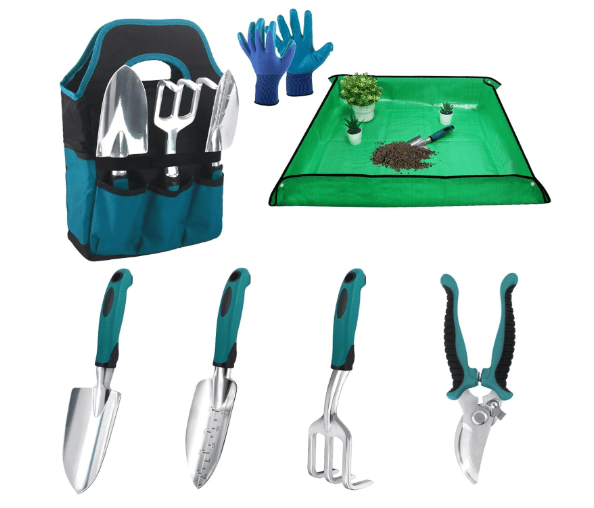 Garden Tools Sets, Gardening Tool Set with 39.3 in Repotting Mat, 7 Piece Gardening Kit with Non Slip Ergonomic Handle, Heavy Duty Garden Tool Bag Gardening Supplies for Women and Men