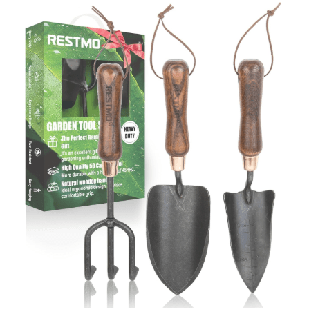 RESTMO 3-in-1 Heavy Duty Gardening Tools Kit, Premium Carbon Steel Garden Hand Tools with Ergonomic Wooden Handle Includes Trowel, Transplanter, and Cultivator, Ideal Gardening Gifts for Gardener