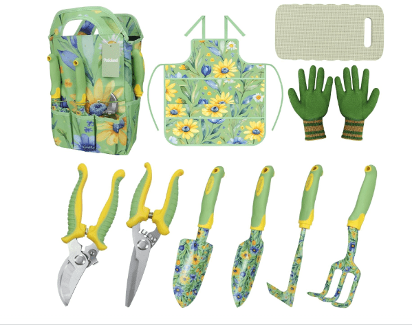 10-Piece Garden Tool Set – Green Floral Print Gardening Hand Tools with Non-Slip Handles, Heavy Duty Rust-Proof Aluminum Tools, Organizer Tote Bag, Ideal Gardening Gifts for Women & Grandma