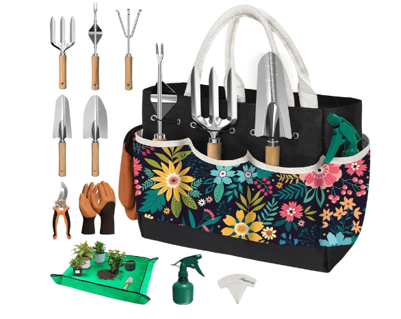 Gardening Tools Set for Women Heavy Duty Garden Hand Tool Kit Garden Gifts for Mothers Day Mom Beginner Gardening Accessories with Tote Bag/Shovel/Repotting Mat/Plant