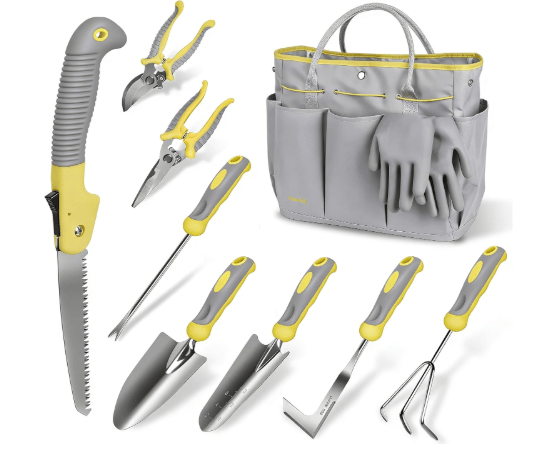 Garden Tool Set, Carsolt 10 Piece Stainless Steel Heavy Duty Gardening Tool Set for Digging Planting Pruning Gardening Kit with Durable Bag Gloves Gift Box Ideal