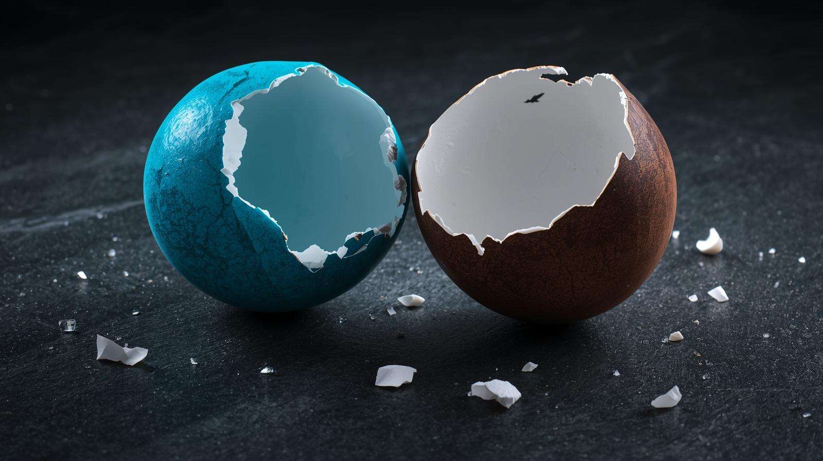 Hyper-realistic close-up of blue and brown eggshells showing internal pigment saturation vs surface coating.