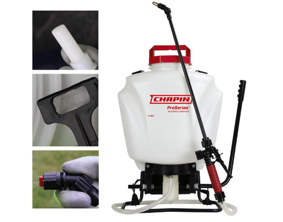 Chapin 61800 Backpack Sprayer, 4‑Gallon ProSeries, Translucent Poly Tank, 3‑Stage Filtration, Adjustable Brass & Poly Nozzles, 20" Wand, 48" Hose for Lawn & Garden Weed, Pest, Fertilizer Applications