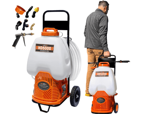 PetraTools Powered Backpack Sprayer with Custom Fitted Cart and 100 Foot Commercial Hose, 2 Hoses Included, Commercial Quality Heavy Duty Sprayer (6.5 Gallon Cart)