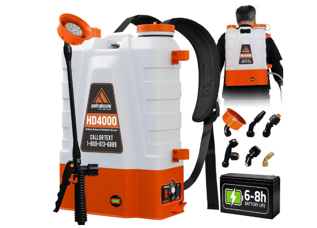PetraTools Battery Powered Backpack Sprayer 4 Gallon - 6 Hours Long Battery Life & Padded Straps for Comfort - HD4000 Electric Backpack Garden Sprayer with 6 Spray N