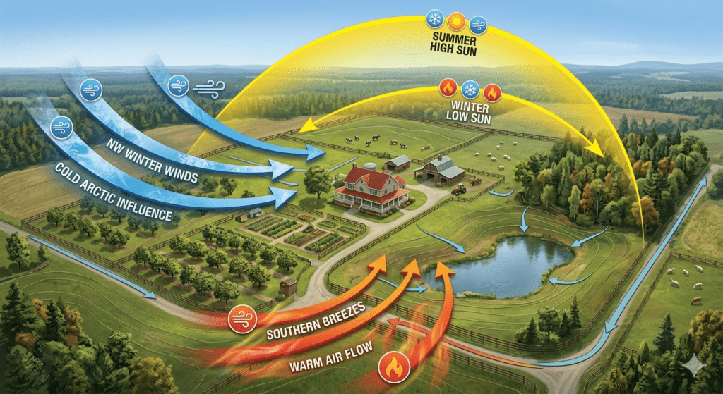 A topographic map of a property illustrating a permaculture sector analysis with sun paths and wind directions.