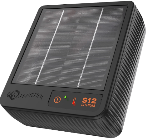 Gallagher S12 Solar Electric Fence Charger | Powers Up to 4 Miles / 18 Acres of Fence | Solar Lithium Technology, 0.12 Stored Joule Energizer | Built-in Earthing | Portable and Super Tough
