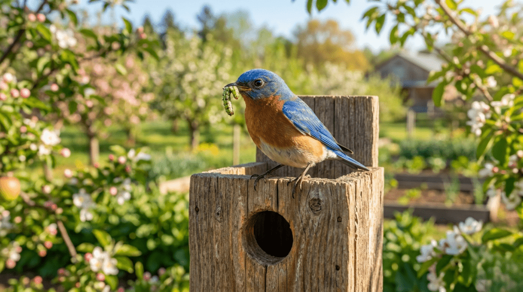 Close-up of a sustainably built cedar nesting box showing proper ventilation slots and a clean entrance hole without a perch.
