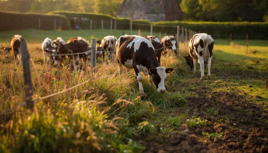 Jersey and Holstein cows rotational grazing on diverse organic pasture at sunrise, showcasing sustainable dairy farming.