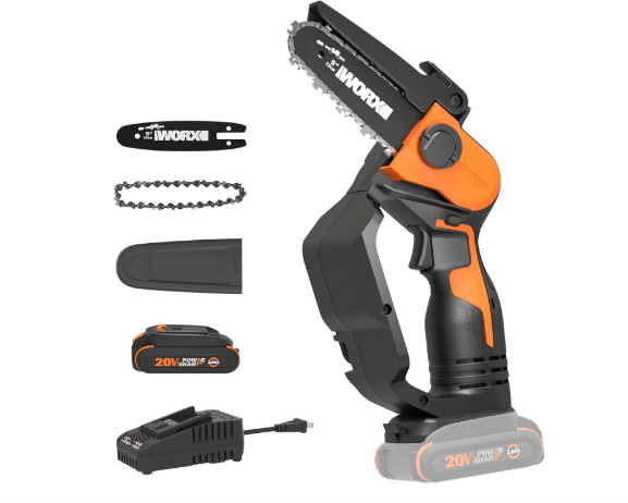 Worx 20V 5" Mini Cordless Chainsaw, 3.9 lbs, 22 ft/s Chain Speed, Power Share Battery, Upper & Hand Guard WG324 - Battery & Charger Included