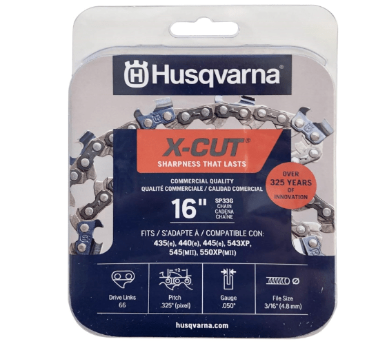 Husqvarna X-Cut SP33G 16 Inch Chainsaw Chain, 325" Pitch, 050" Gauge, 66 Drive Links, Pre-Stretched Chainsaw Blade Replacement with Superior Lubrication and Low Kickback,Grey