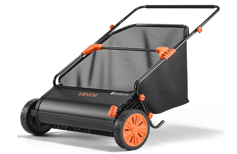 VEVOR Push Lawn Sweeper, 30 in Leaf & Grass Collector with 12 cu. ft. Hopper Bag, Adjustable Brush Height & Spinning Brushes, Heavy Duty Yard Sweeper with Rubber Wheels for Leaves Grass Cleanup