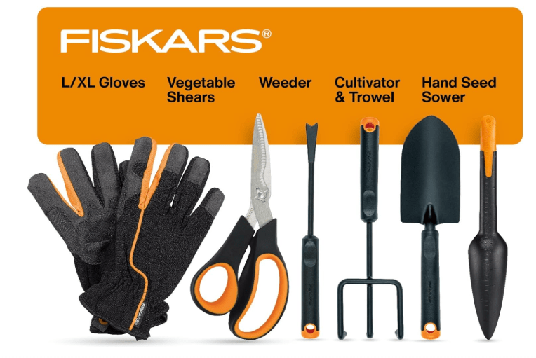 Fiskars Vegetable Gardening Essentials 6-Piece Tool Set for Cultivating, Serrated Stainless Steel Shears & 4-in-1 Seed Sower for Planting, Rust-Resistant Steel Trowel, Cultivator, Weeder, L/XL Gloves