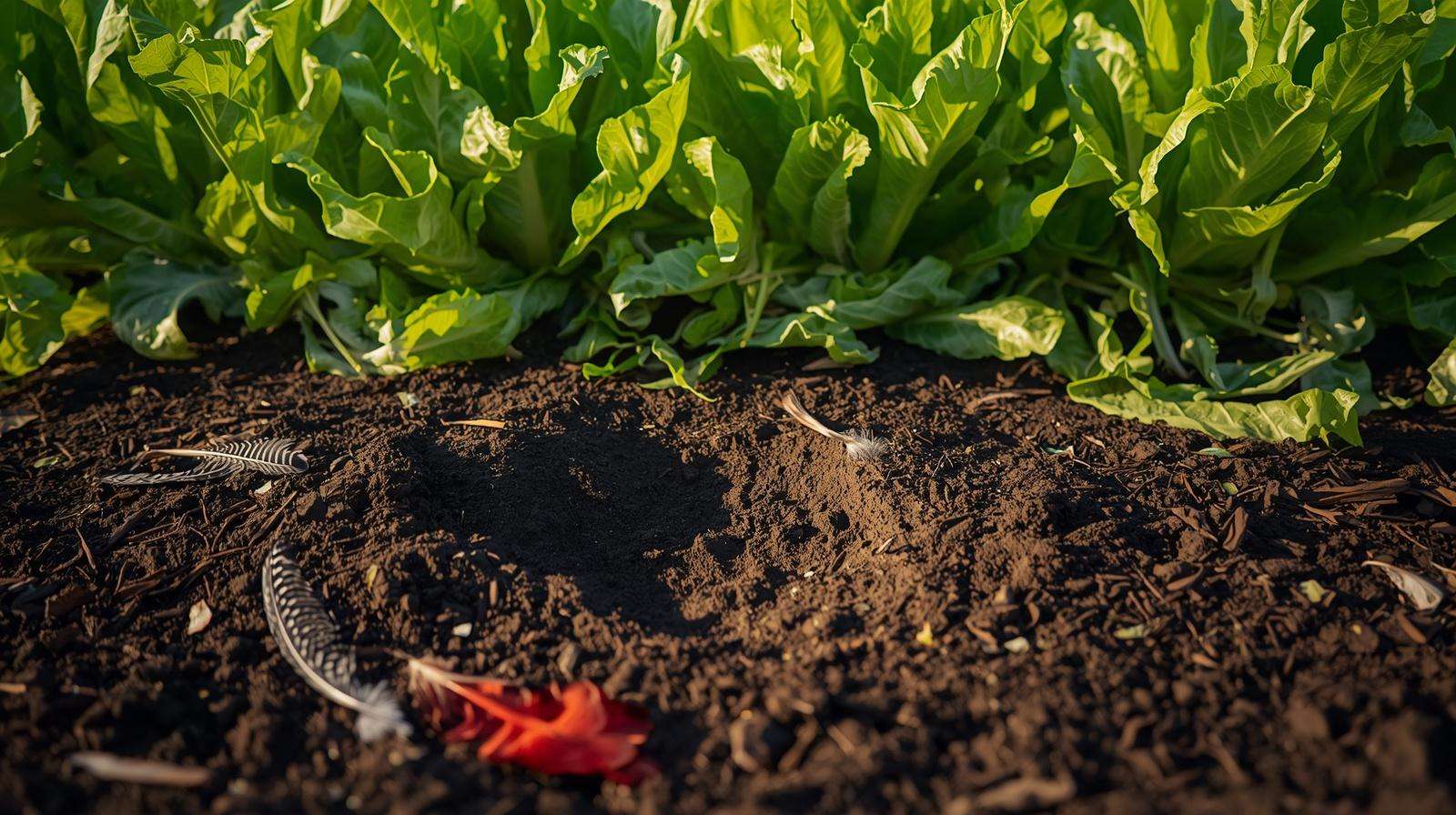A close-up of a chicken footprint and damaged garden plants, documenting property damage from lost neighbors' chickens.