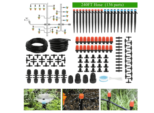 Maotong 240FT Drip Irrigation System Kit, Automatic Garden Watering Misting System for Greenhouse, Yard, Lawn, Plant with 1/2 inch Hose 1/4 inch Distribution Tubing and Accessories