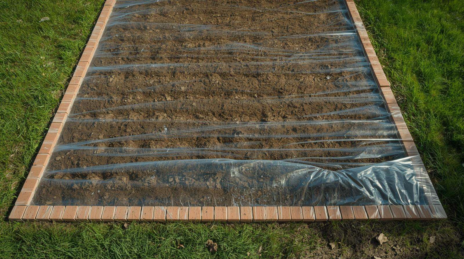 Soil solarization using clear plastic to remove turf grass and weed seeds for a prairie transformation.