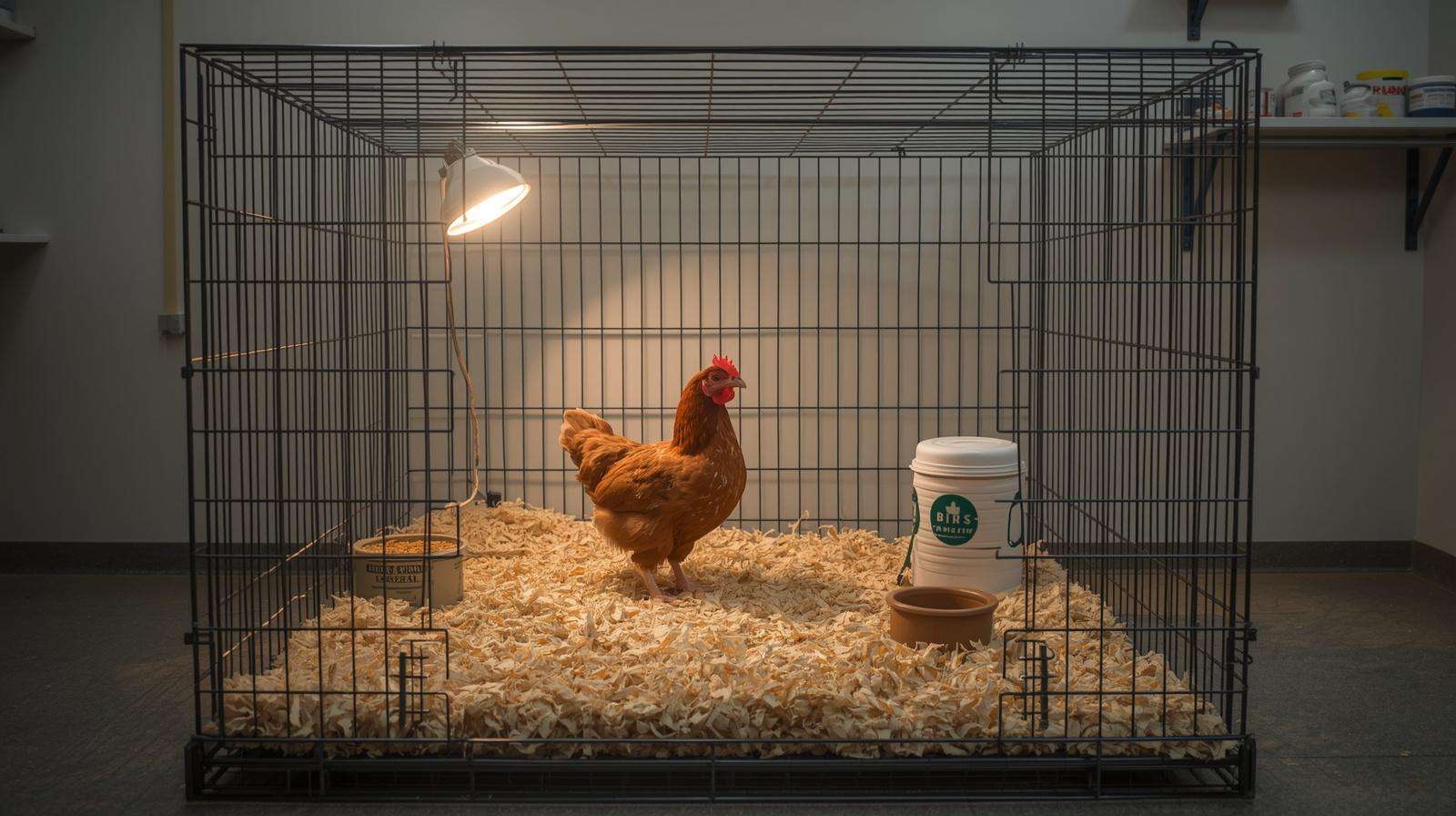 A professional poultry quarantine crate with clean bedding and fresh water for a sick chicken.