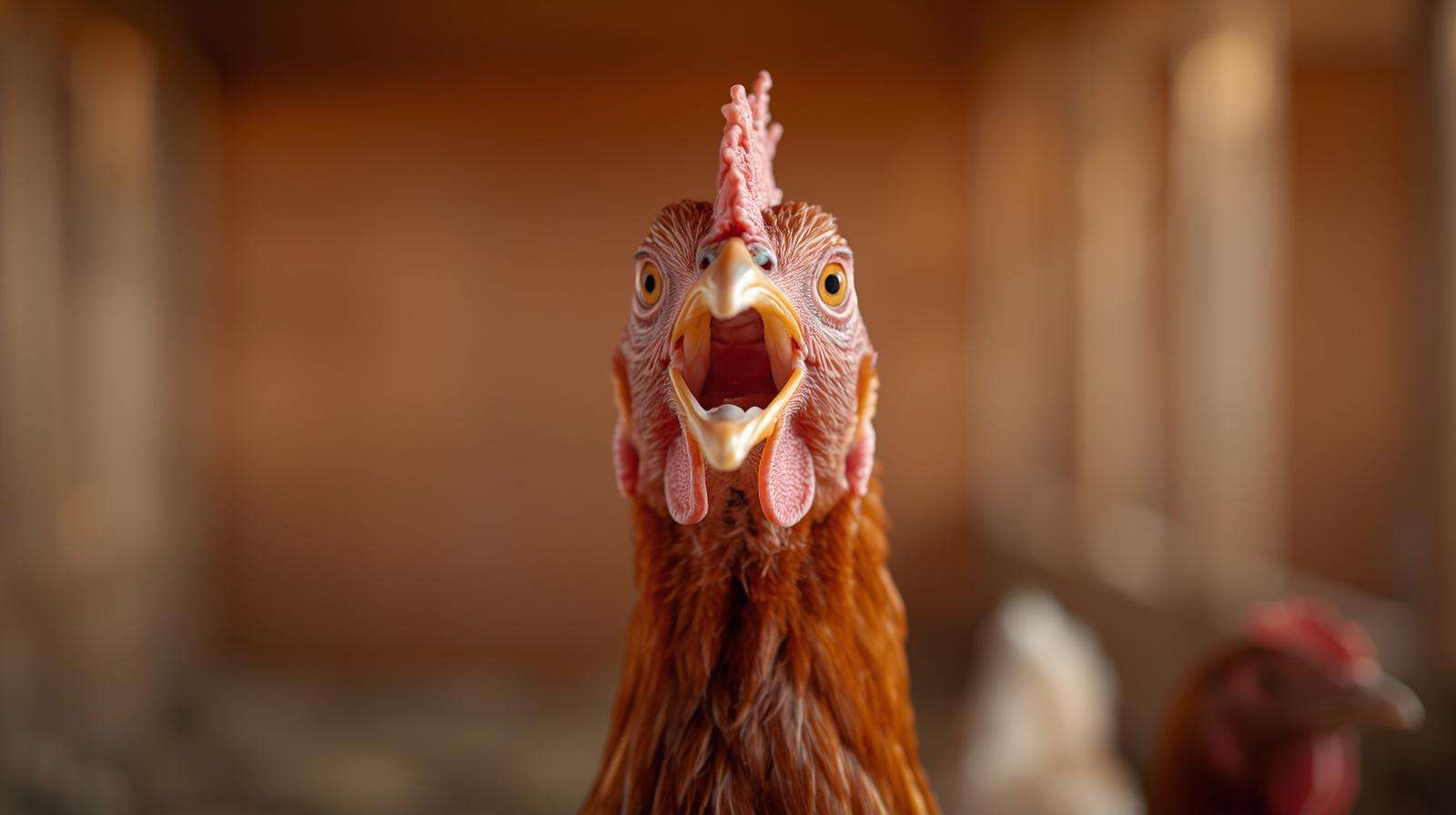 A high-definition close-up of a chicken gasping for air with its neck extended, a key sign of respiratory distress.