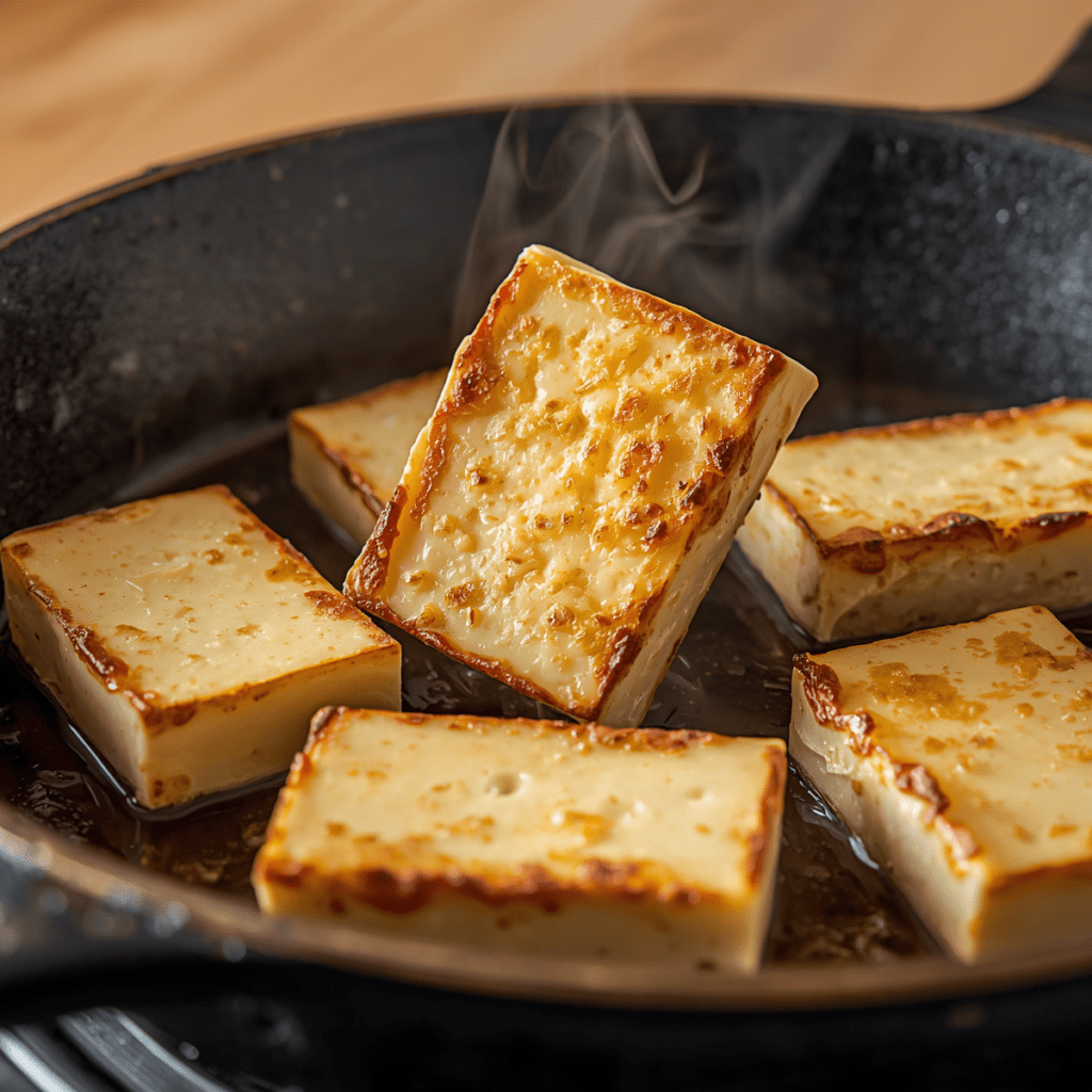 Pan-seared Queso Blanco cheese slices with golden crust in a cast-iron skillet.