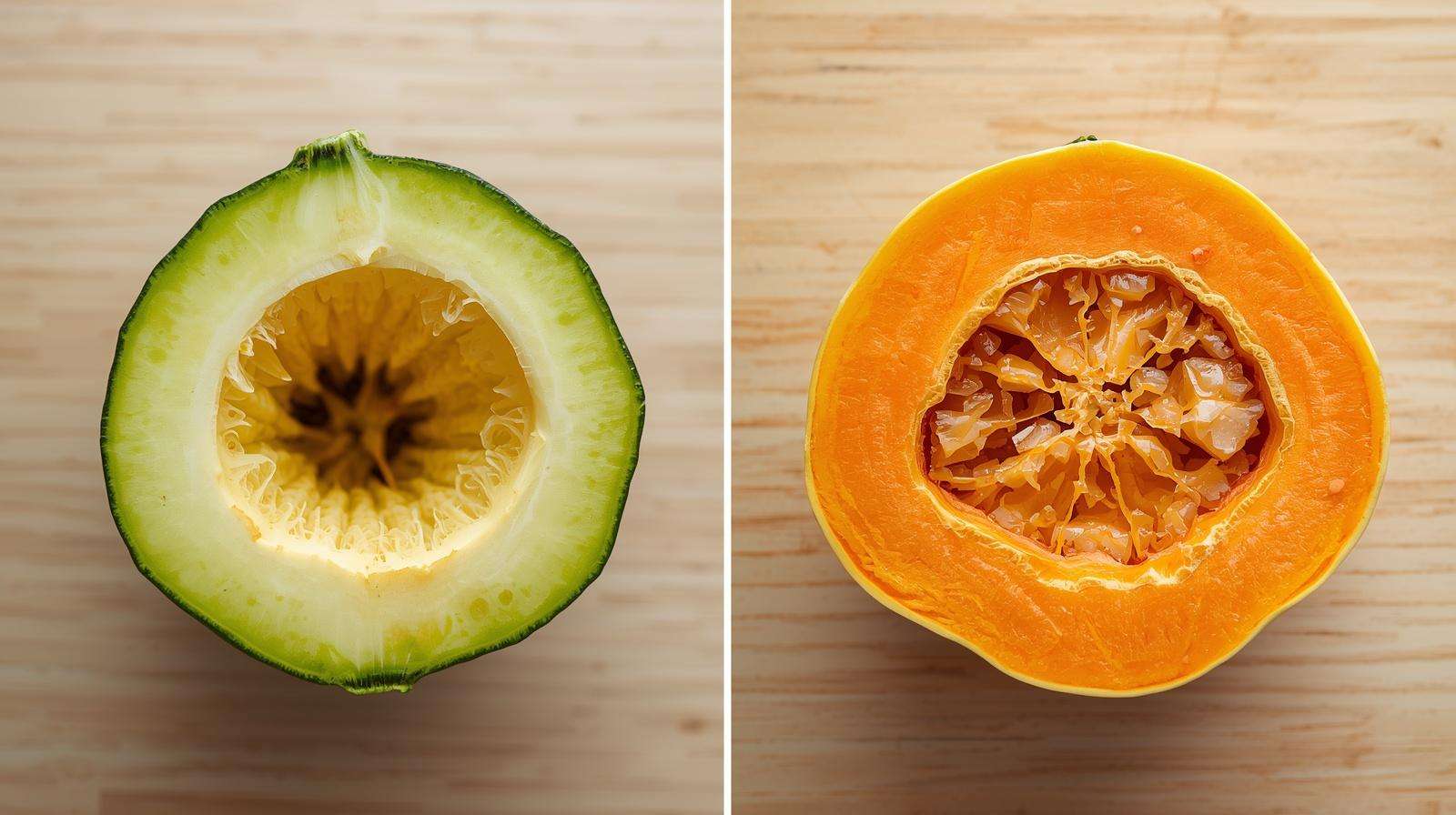 A comparison of a hollow zucchini stem and a solid butternut squash stem showing why one is resistant to borers.