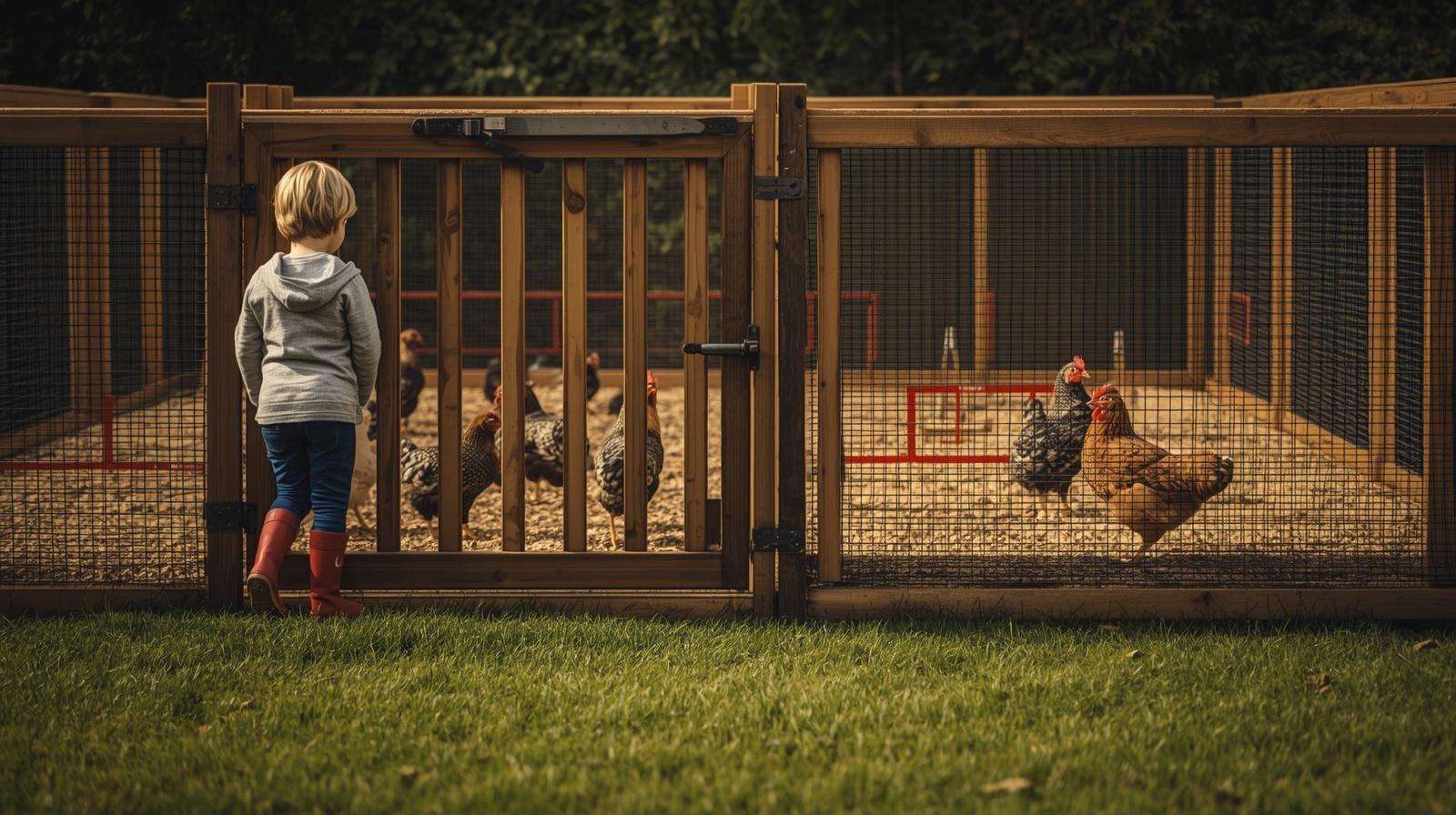 A secure chicken run fence acting as a Red Zone boundary to manage zoonotic risks in a shared yard.