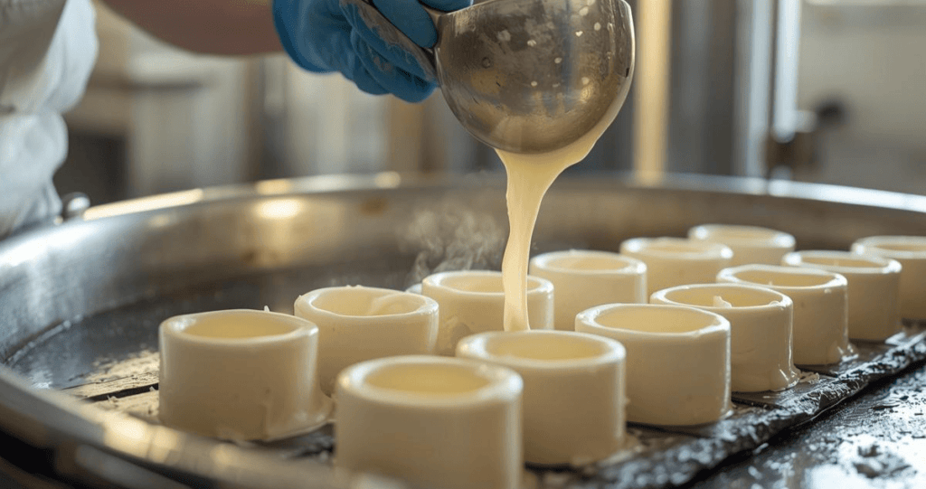 A cheesemaker's gloved hands gently ladle fresh organic soft cheese curd from a VAT into hoops for draining.