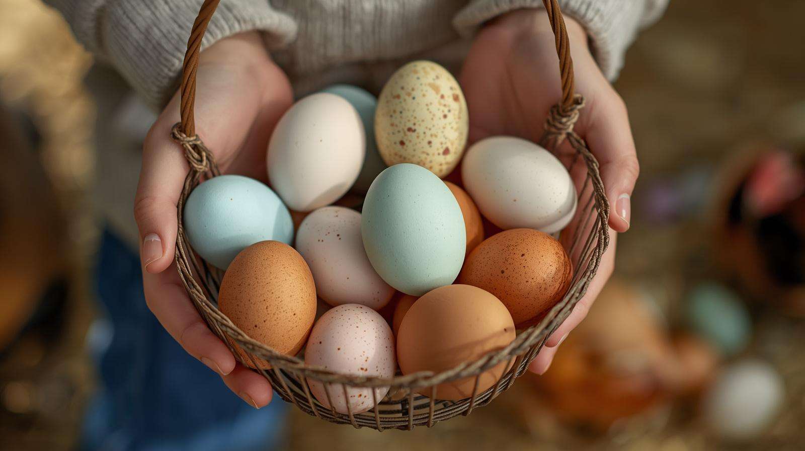 A wire basket filled with colorful blue, green, and brown eggs from Easter Egger chicken breeds.