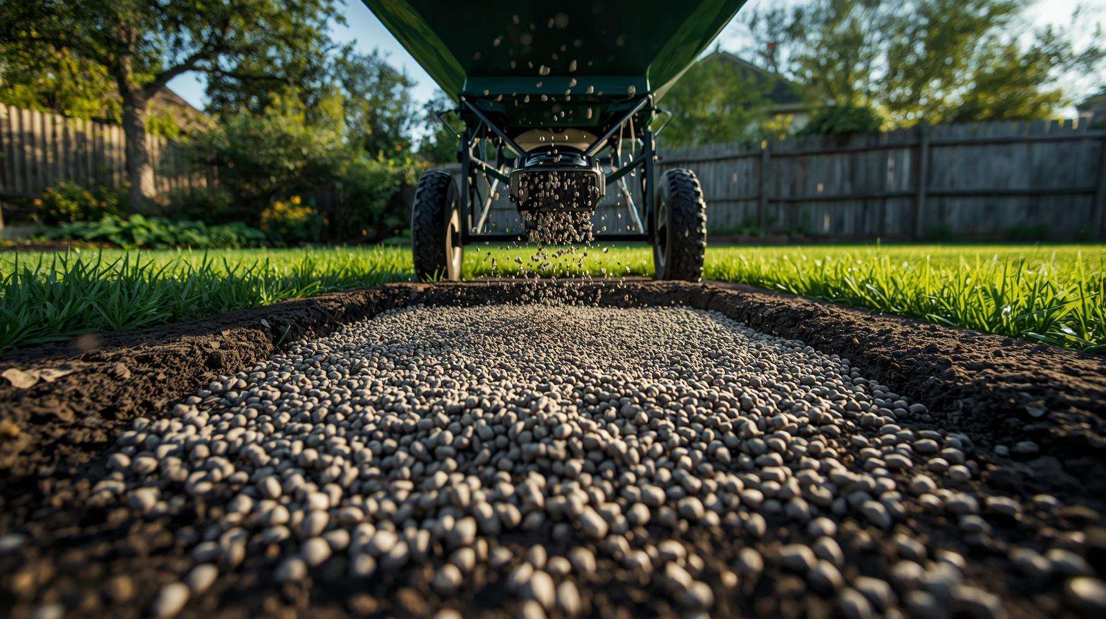 Using a broadcast spreader to apply pelleted gypsum to a backyard garden plot.