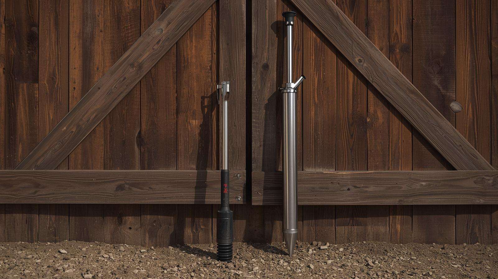A heavy-duty foot-step soil probe resting next to a slide-hammer core sampler for hard soils.