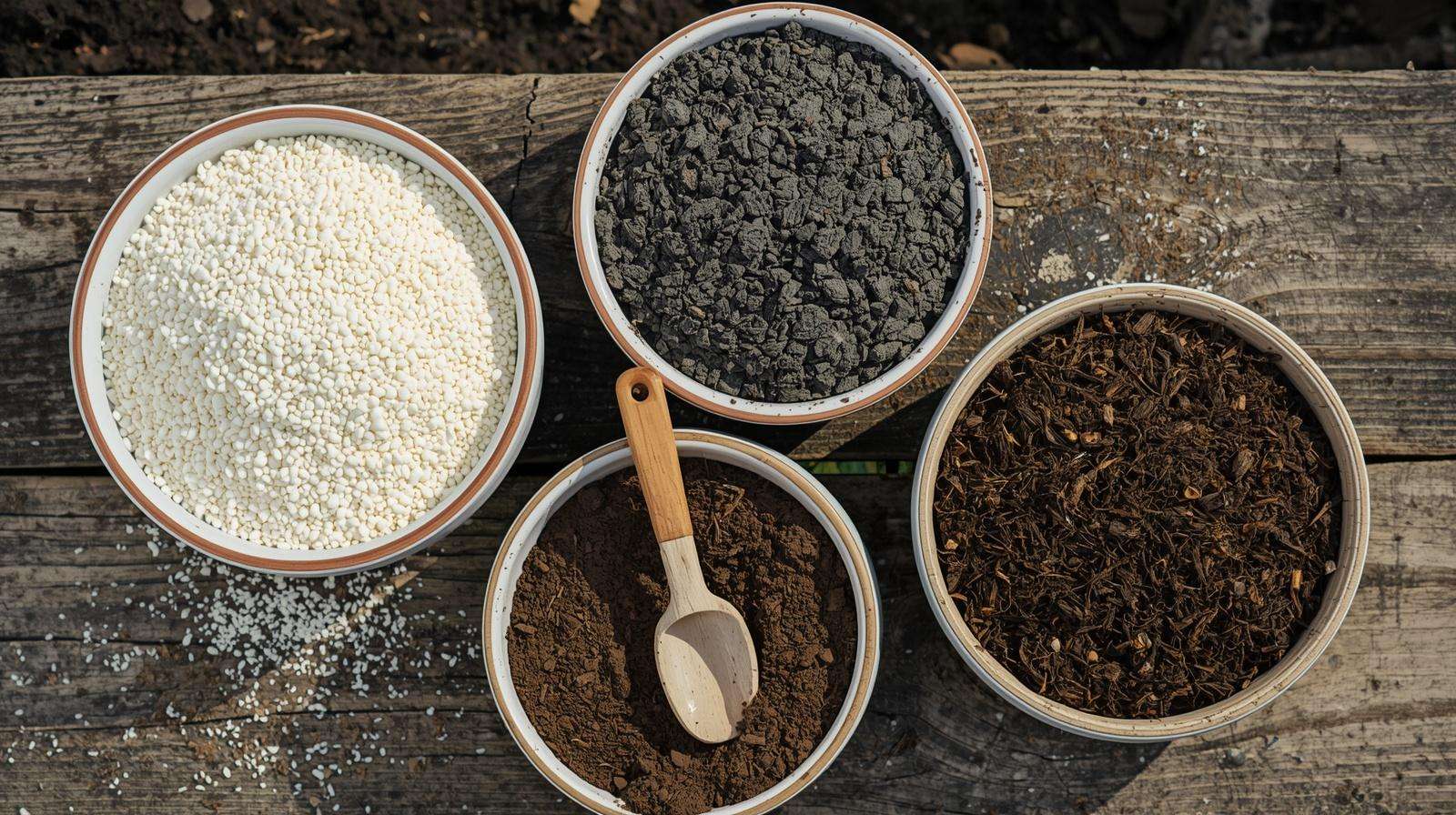 Raw ingredients for DIY aloe vera potting soil including perlite, volcanic pumice, coconut coir, and worm castings.