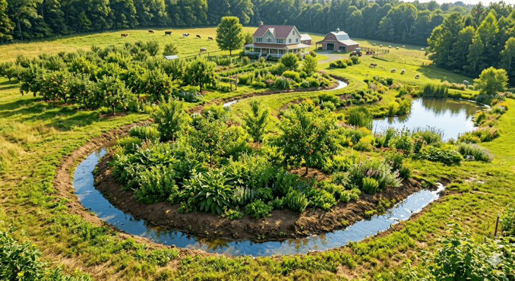 A dynamic swale on a contoured hillside garden illustrating efficient rainwater harvesting and passive irrigation.