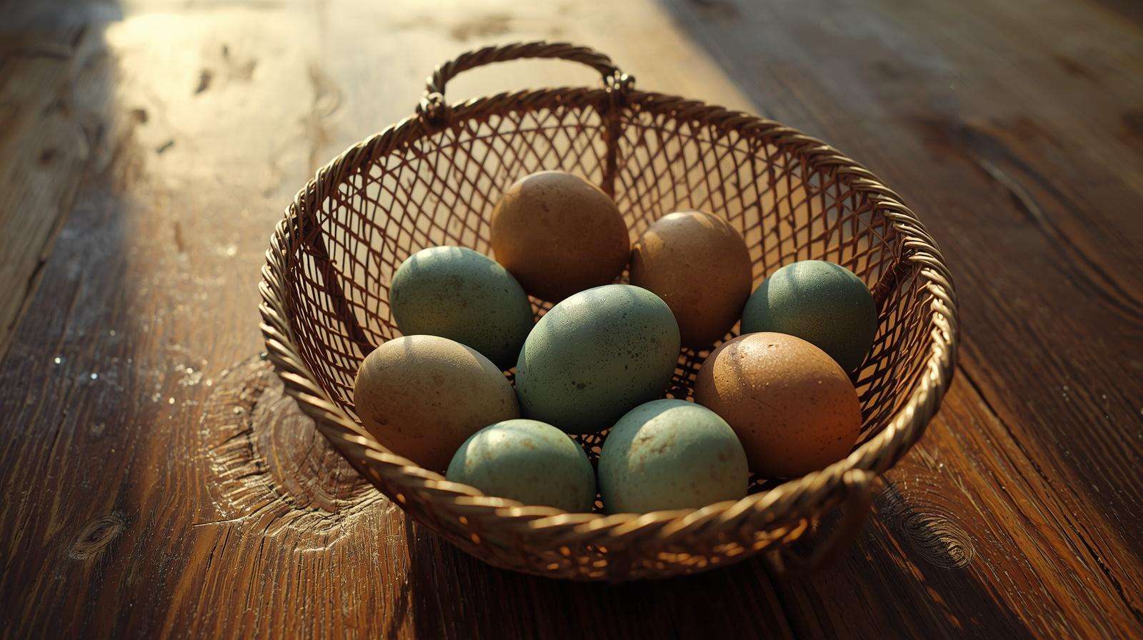 A rustic basket of deep olive and sage green eggs captured in cinematic natural light.