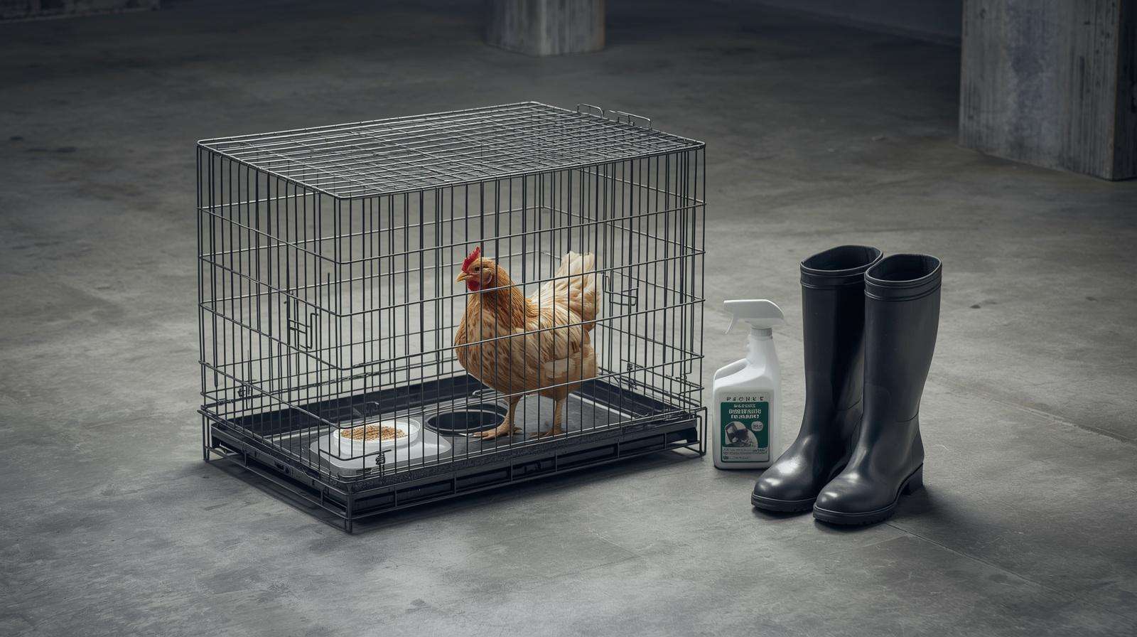 A lone hen in a clean quarantine crate with disinfectant nearby, illustrating proper biosecurity for found poultry.