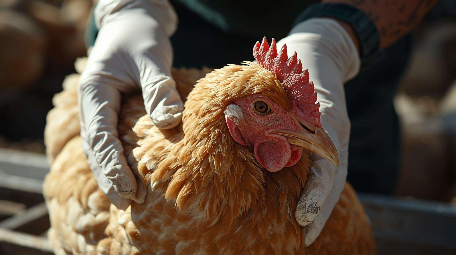 A poultry keeper performing a physical health check on a hen to assess its quality of life.