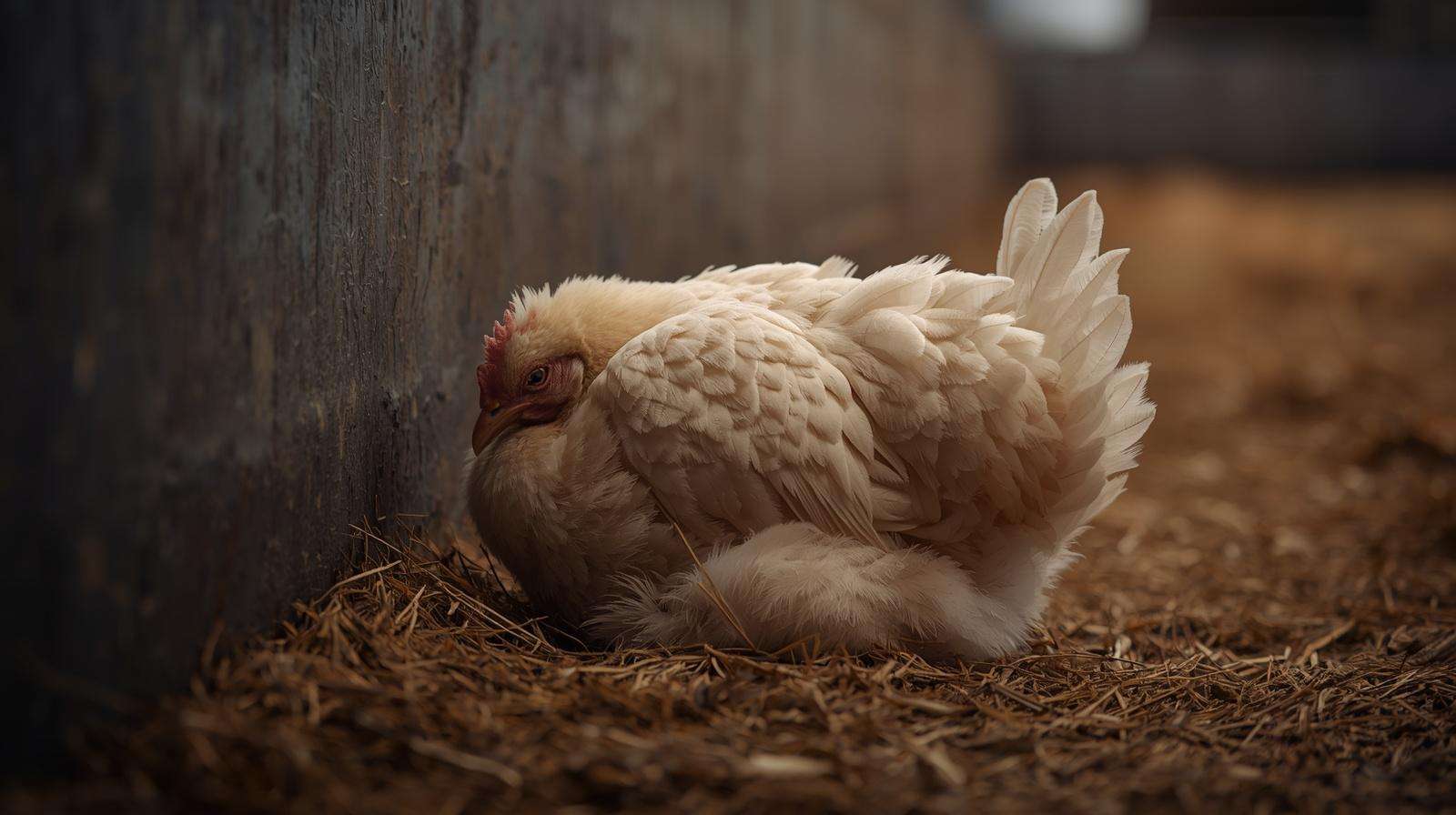 A weak, fluffed-up chicken huddled in a corner of a coop, illustrating a state of shock or systemic illness.