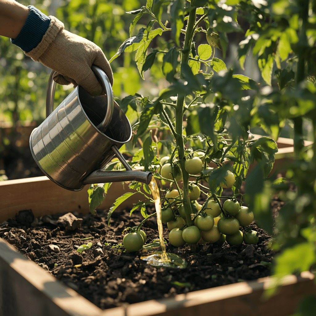 Gardener applying diluted cheese whey fertilizer to organic tomato plants.