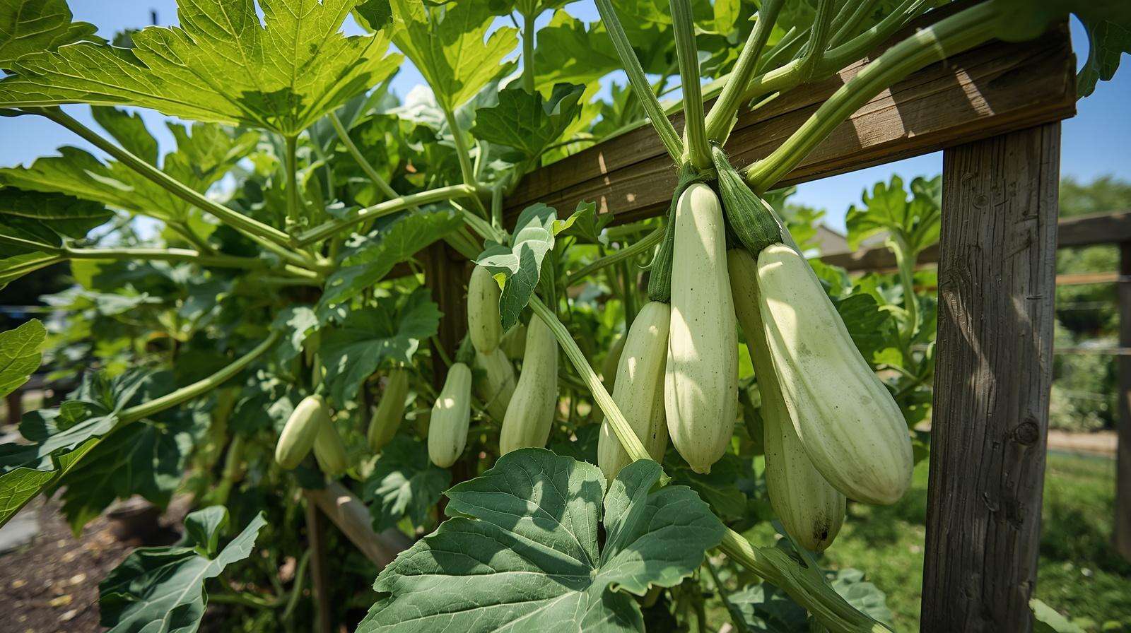 Long, curved Tromboncino squash hanging from a healthy, borer-resistant vine.