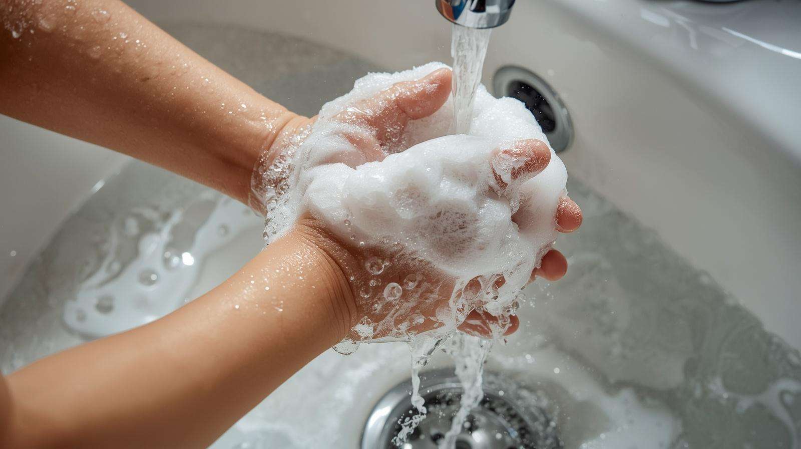 A close-up of a child washing hands with soap and water after playing with backyard chickens.