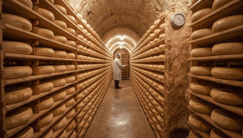 Rows of ripening Camembert soft cheeses covered in white mold (Penicillium candidum) age on wooden shelves in a humid organic affinage cave.