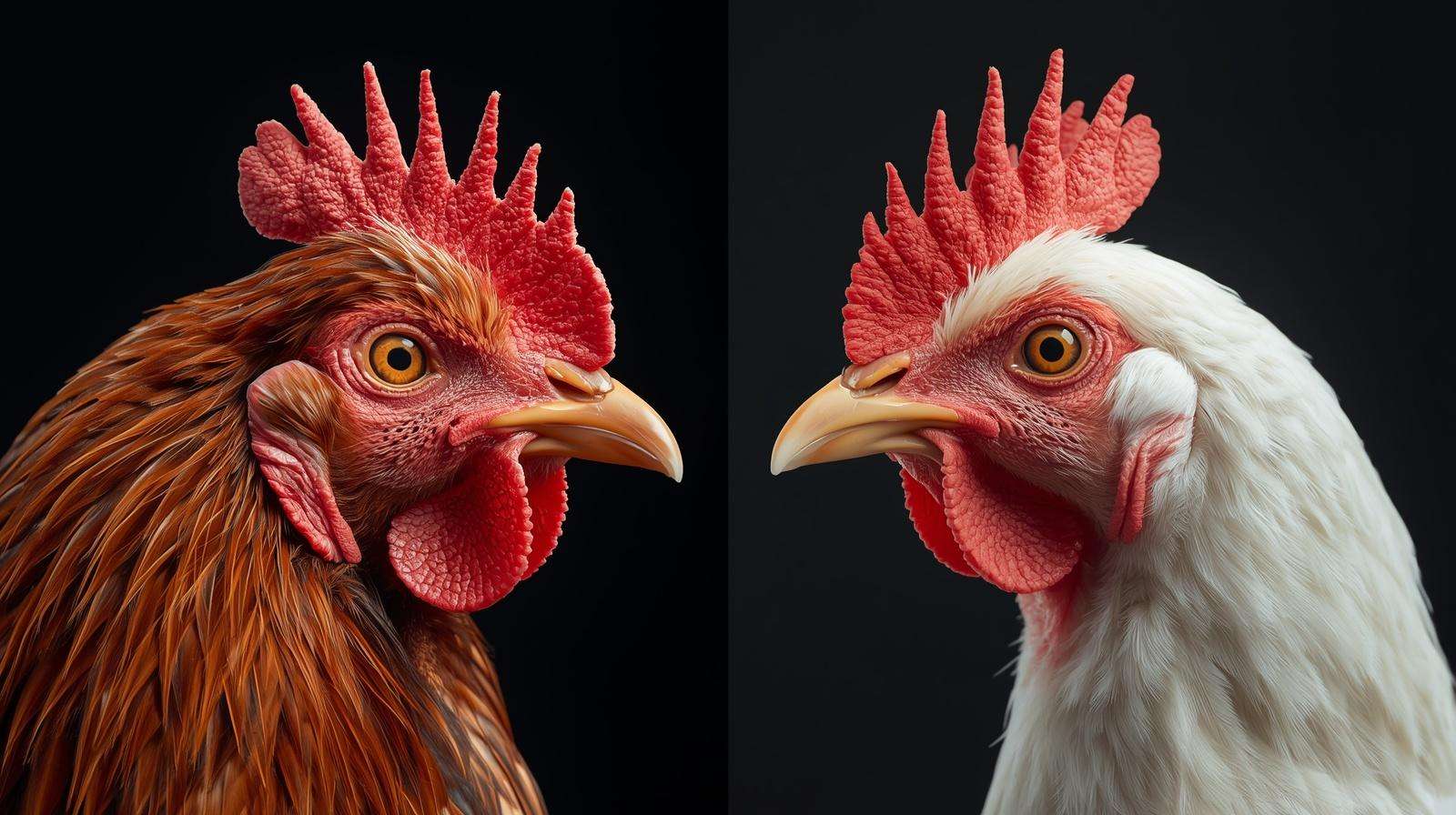 A close-up comparison of a chicken rose comb and a single comb for climate hardiness selection.