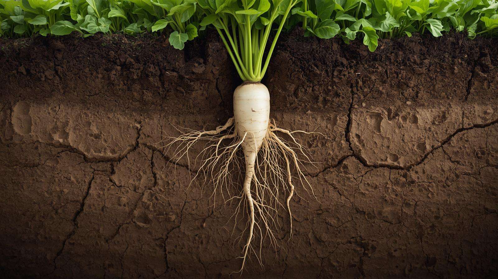 A Daikon tillage radish taproot boring down through heavy clay soil to improve subsoil aeration.