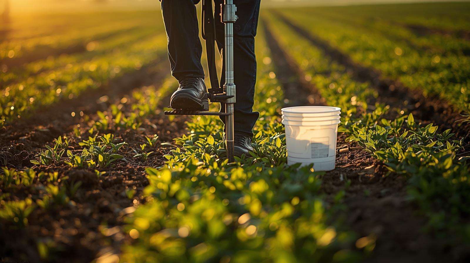 An agronomist stepping on a foot-assist pedal of a stainless steel probe to collect a soil core sample.