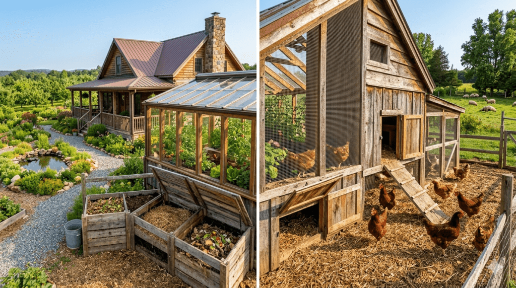 A functional permaculture integration showing an attached chicken coop and passive solar greenhouse with shared thermal exchange.