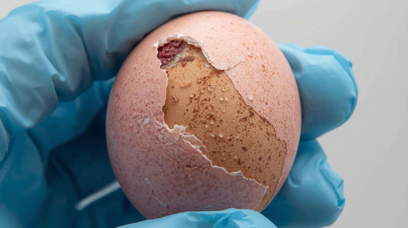 A rare plum-colored egg with a heavy lavender bloom held in a farmer's hand.