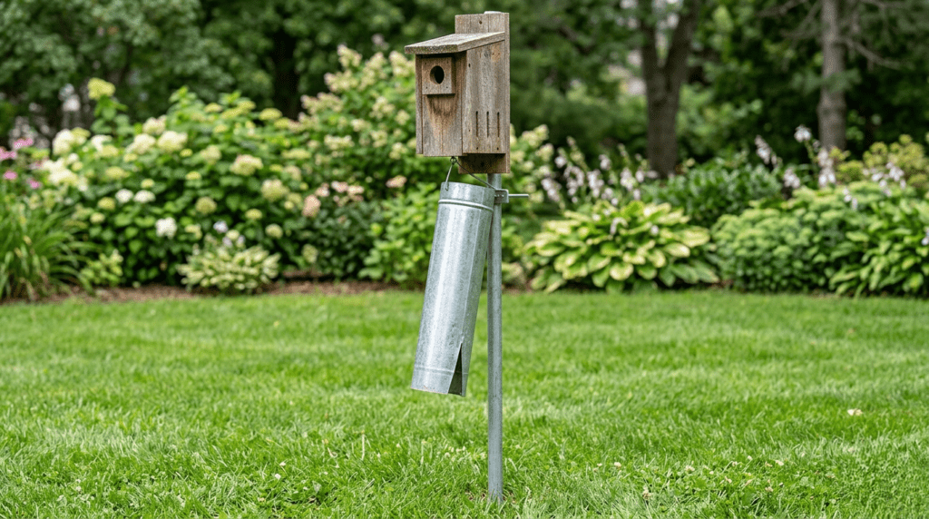 An Eastern Bluebird perched on a wooden nesting box carrying a caterpillar in its beak to feed nestlings.